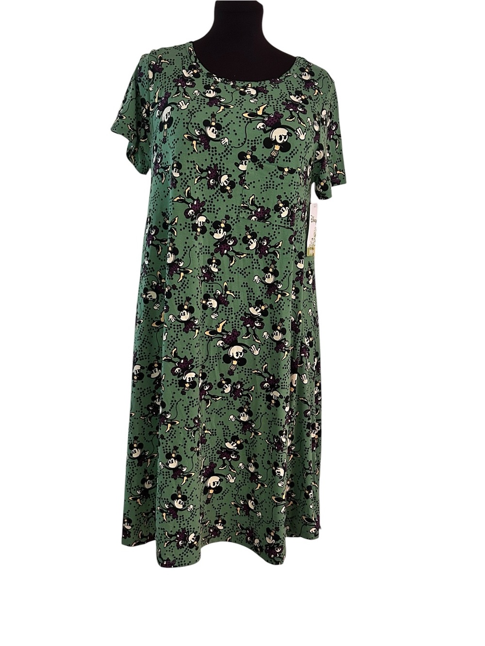 LuLaRoe Disney Carly Dress L Minnie Mouse Green Purple Polka Dots New Sz 14-16